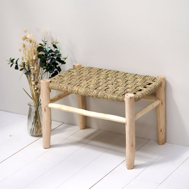 Banc marocain en bois et tressage naturel 60cm