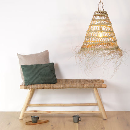 Banc ethnique en bois et tressage naturel 100cm