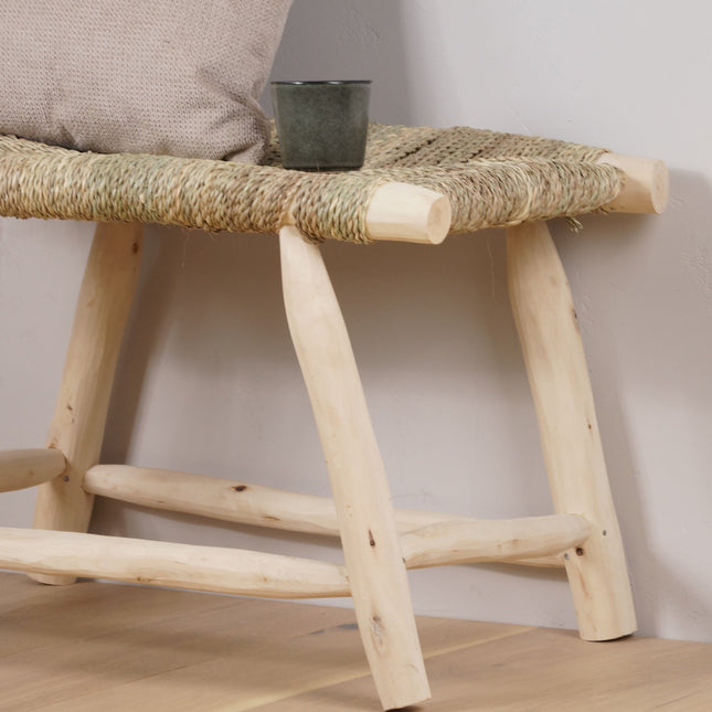 Banc ethnique en bois et tressage naturel 60cm