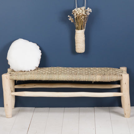 Banc marocain en bois et tressage naturel 120cm