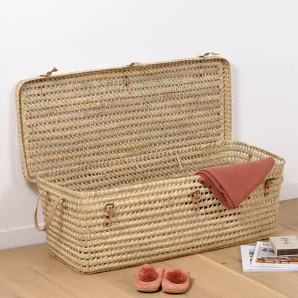 Coffre de rangement en feuilles de palmier et cuir 100cm