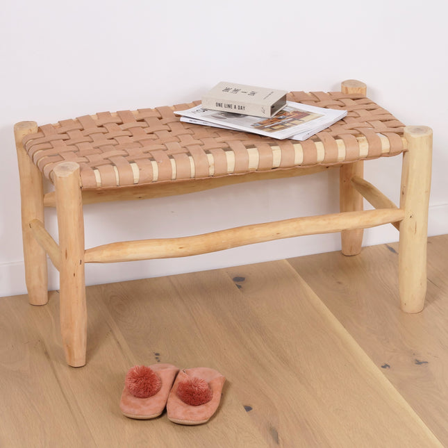 Banc marocain en bois et cuir 80cm