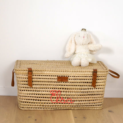 Malle de rangement en feuilles de palmier et cuir 80cm - Personnalisable