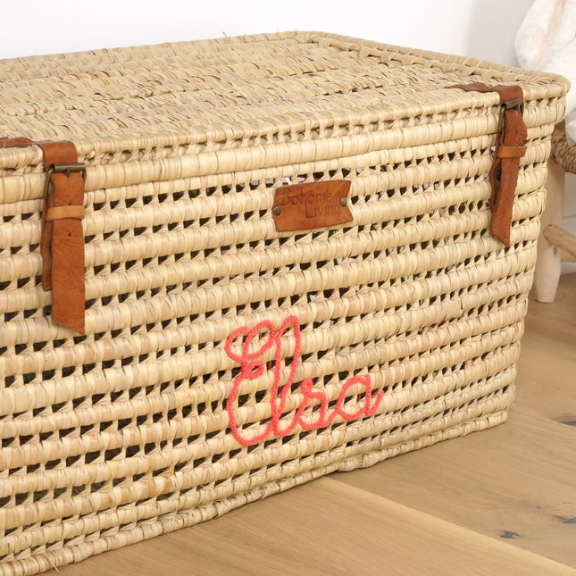 Malle de rangement en feuilles de palmier et cuir 60cm - Personnalisable