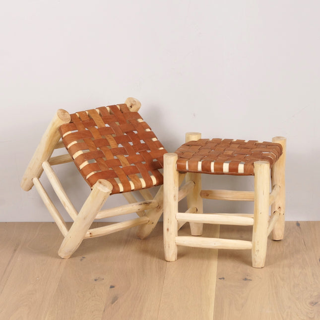 Tabouret marocain en bois et cuir