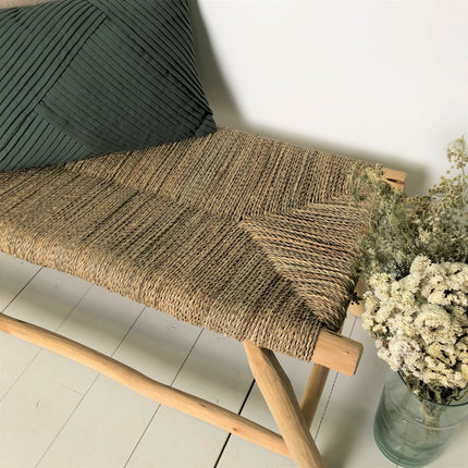 Banc ethnique en bois et tressage naturel 100cm